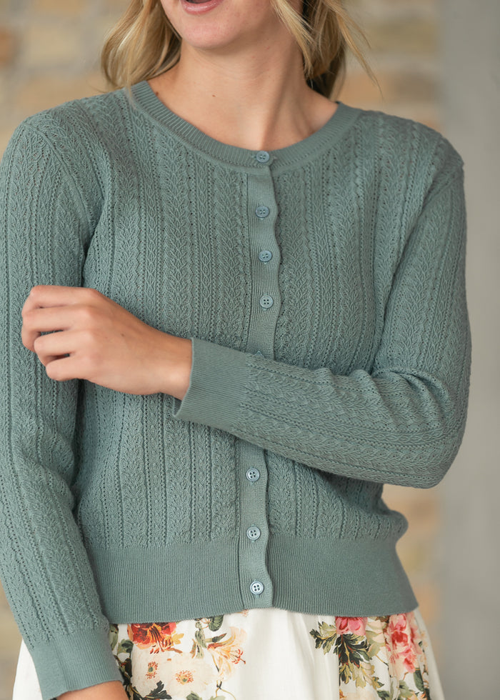 Pointelle Spruce Long Sleeve Cardigan FF Tops