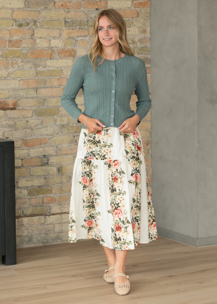 Pointelle Spruce Long Sleeve Cardigan FF Tops