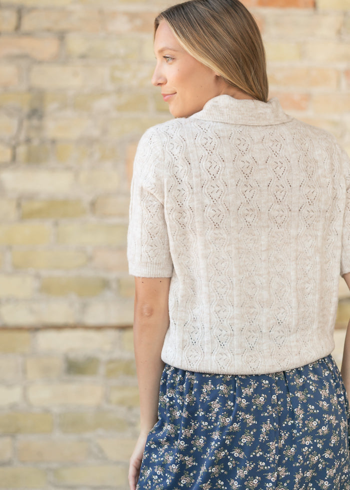 Pointelle Wool Blend Polo Sweater Top FF Tops