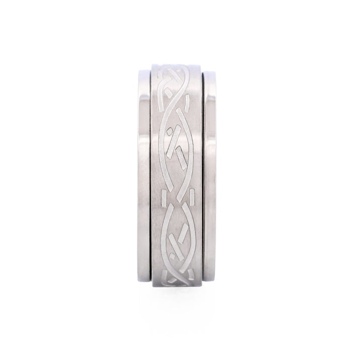 Polished and Brushed Stainless Steel Spinner Ring with Etched Centre Pattern