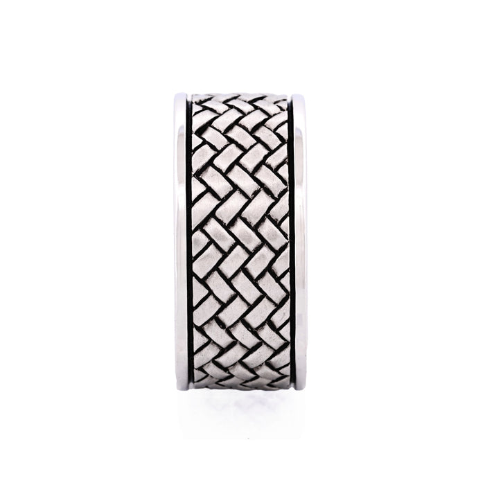 Polished and Oxidised Rhodium Plated Sterling Silver Ring with Celtic Centre Pattern