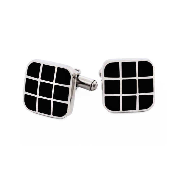 Polished Cushion-Shape Stainless Steel with Black Enamel Grid Cufflinks