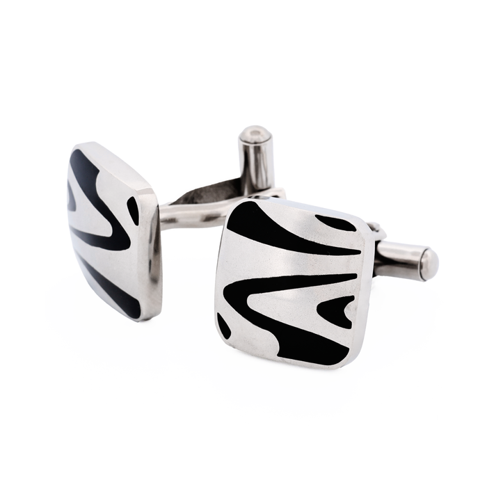 Polished Cushion-Shape Stainless Steel with Black Enamel Swirl Cufflinks