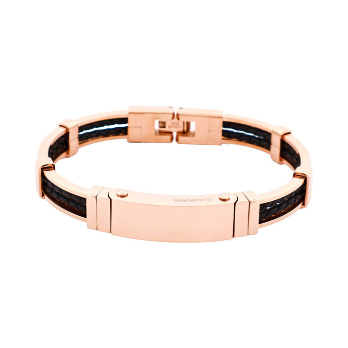 Polished Ion Plated Rose Gold Stainless Steel Bracelet with Double Strand Braided Black Leather