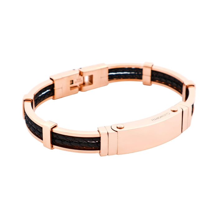 Polished Ion Plated Rose Gold Stainless Steel Bracelet with Double Strand Braided Black Leather