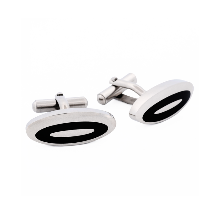 Polished Oval Stainless Steel & Black Enamel Cufflinks