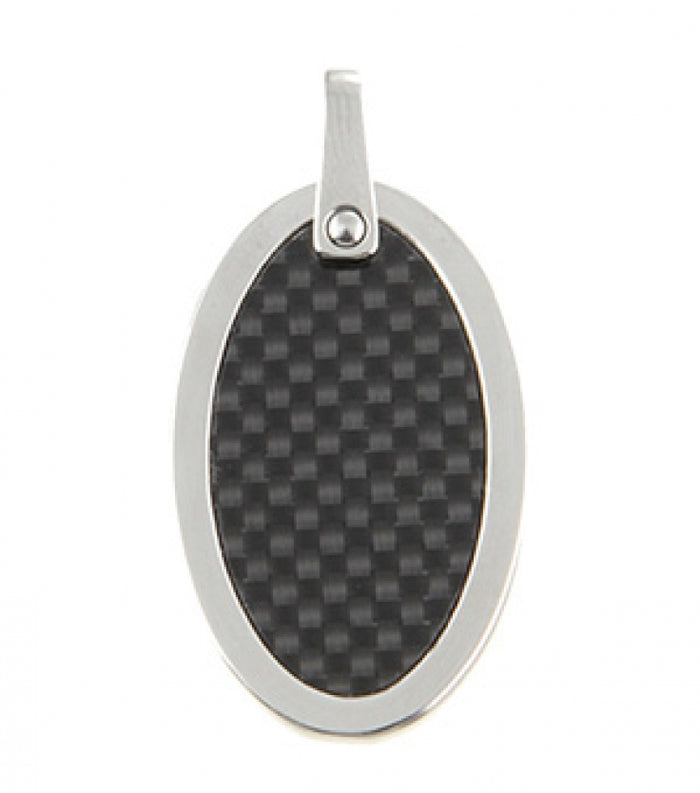 Polished Oval Stainless Steel Pendant with Carbon Fibre Inlay on Ball Chain