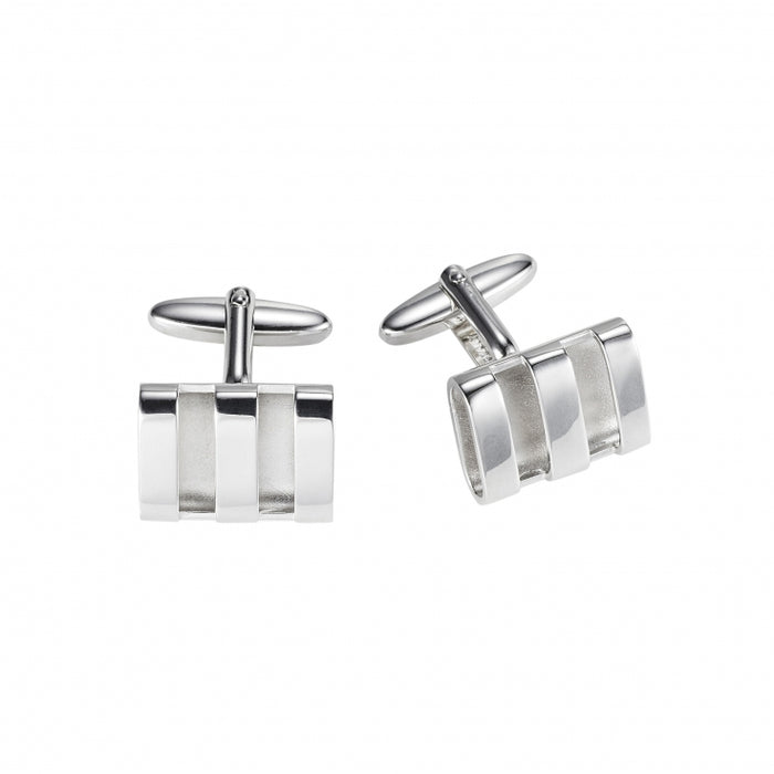 Polished & Raw Rhodium Plated Hollow Triple Band Rectangle Cufflinks
