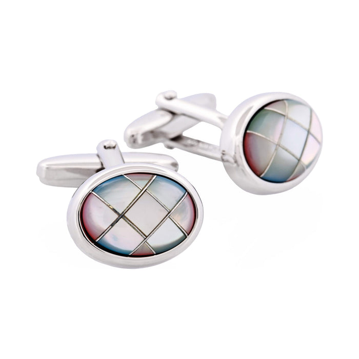 Polished Rhodium Oval Multi Coloured Mother Of Pearl Cross Patterned Cufflinks