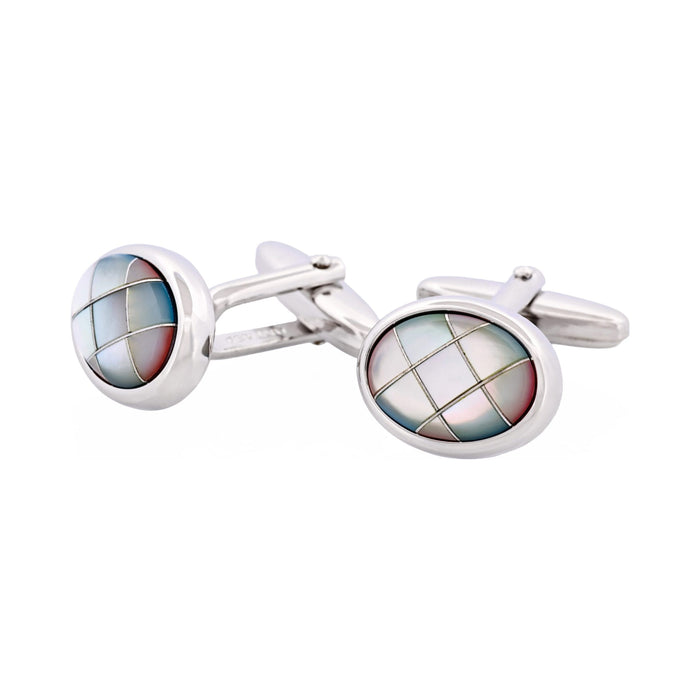 Polished Rhodium Oval Multi Coloured Mother Of Pearl Cross Patterned Cufflinks