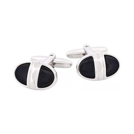 Polished Rhodium Plated & Black Enamel Oval Cufflinks