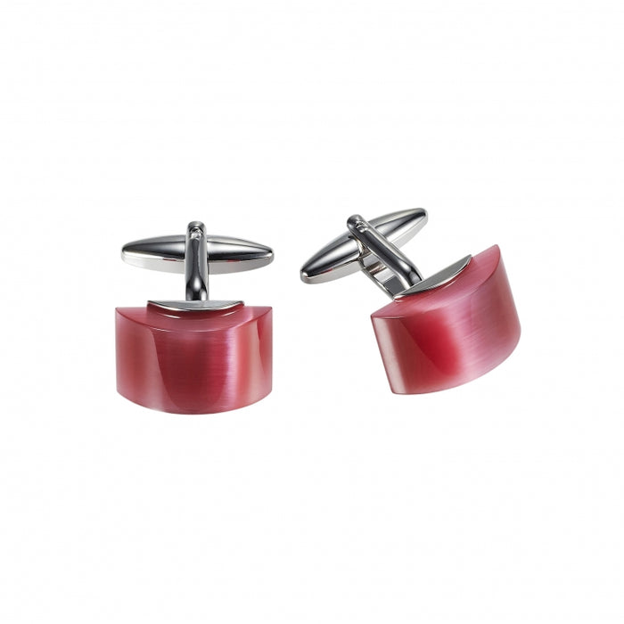 Polished Rhodium Plated Cufflinks with Hot Pink Curved Face Cat's Eye