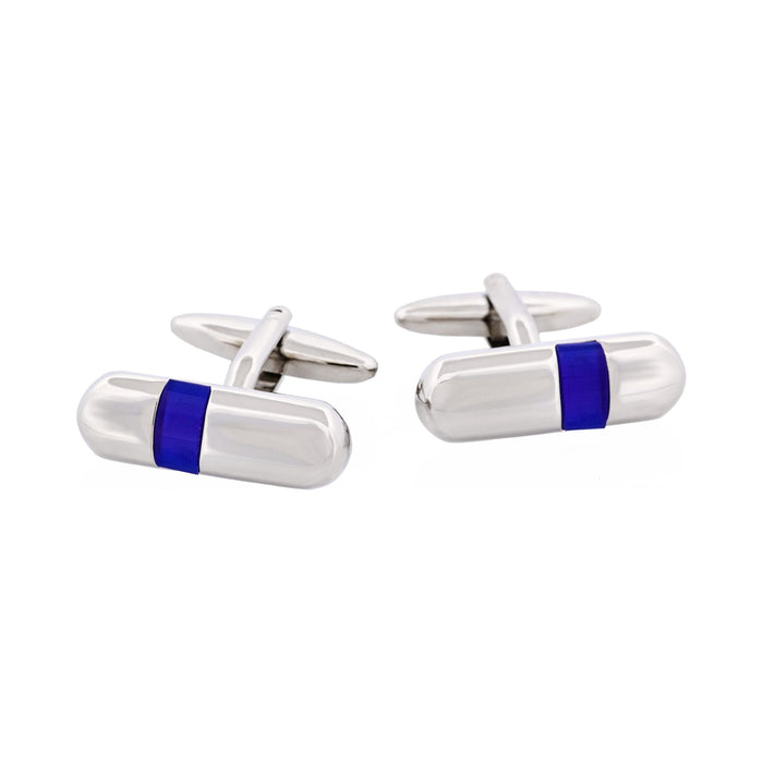 Polished Rhodium Plated & Dark Blue Cat's Eye Tube Cufflinks