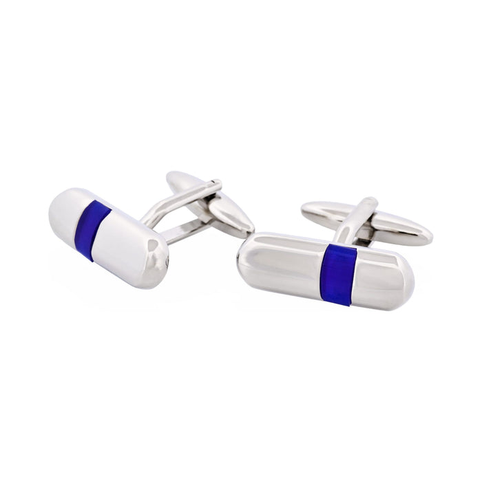 Polished Rhodium Plated & Dark Blue Cat's Eye Tube Cufflinks