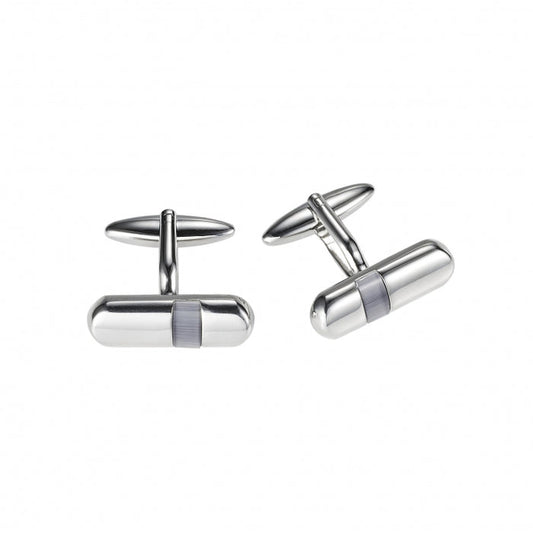 Polished Rhodium Plated & Light Grey Cat's Eye Tube Cufflinks