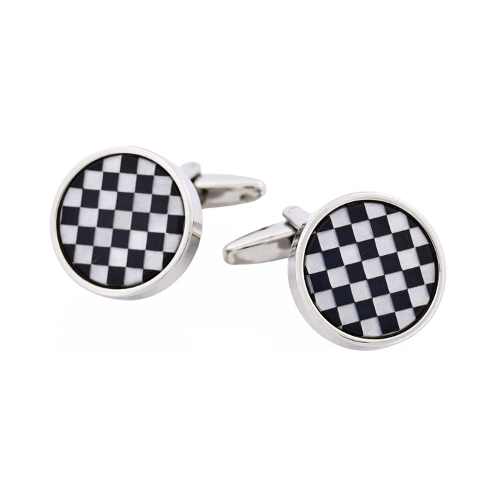 Polished Rhodium Plated Onyx & Mother Of Pearl Check Round Cufflinks