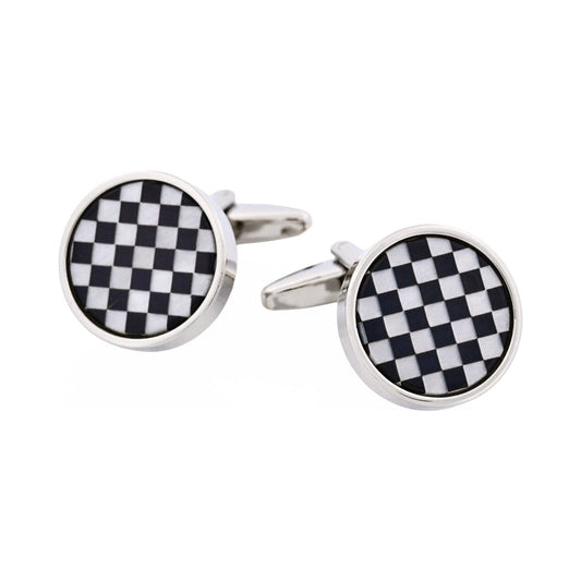 Polished Rhodium Plated Onyx & Mother Of Pearl Check Round Cufflinks