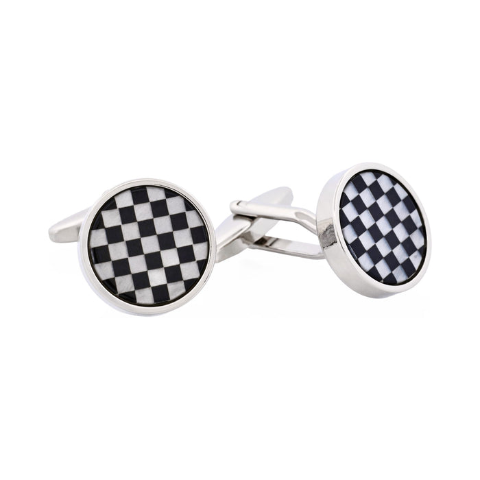 Polished Rhodium Plated Onyx & Mother Of Pearl Check Round Cufflinks
