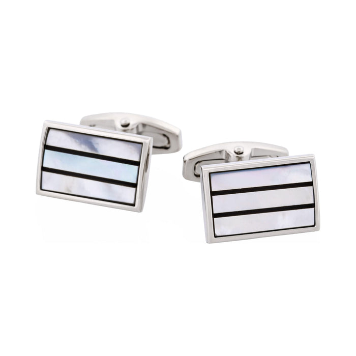Polished Rhodium Plated Onyx & Mother Of Pearl Stripe Rectangle Cufflinks