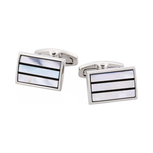 Polished Rhodium Plated Onyx & Mother Of Pearl Stripe Rectangle Cufflinks