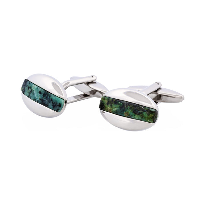 Polished Rhodium Plated Oval Cufflinks with African Turquoise Inlay