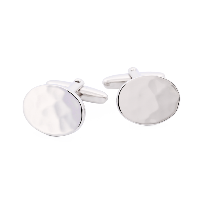 Polished Rhodium Plated Oval Cufflinks with Hammered Pattern
