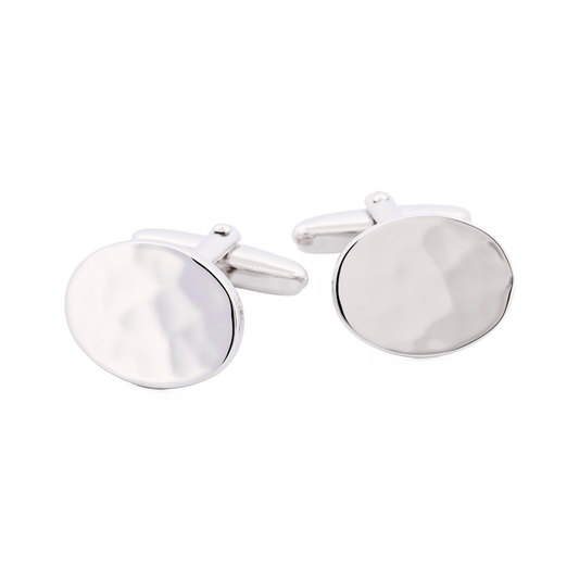 Polished Rhodium Plated Oval Cufflinks with Hammered Pattern
