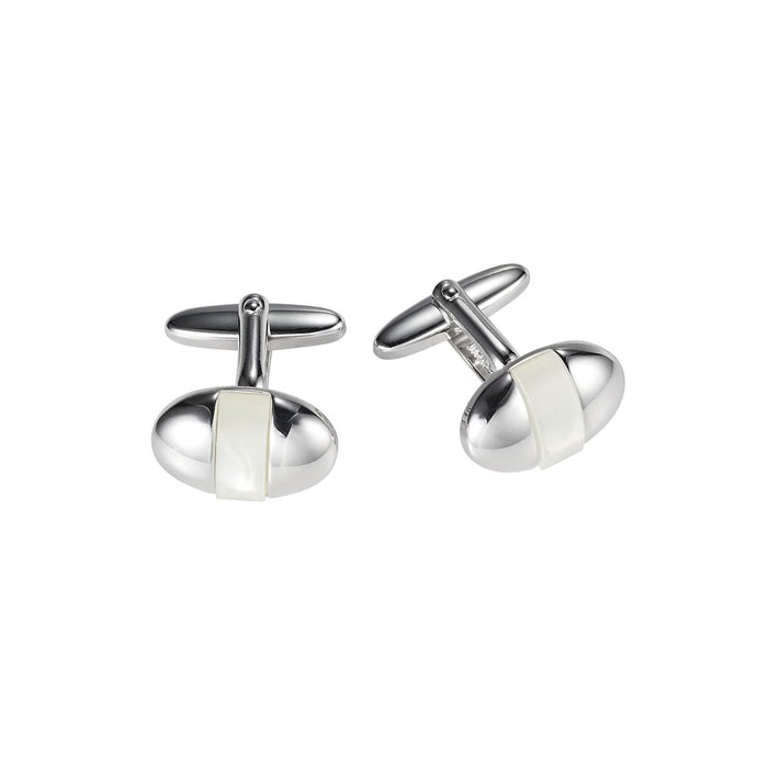 Polished Rhodium Plated Oval Cufflinks with Mother Of Pearl Inlay
