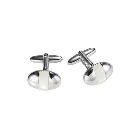 Polished Rhodium Plated Oval Cufflinks with Mother Of Pearl Inlay