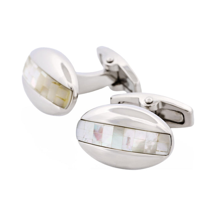 Polished Rhodium Plated Oval Mosaic Design Mother Of Pearl Cufflinks