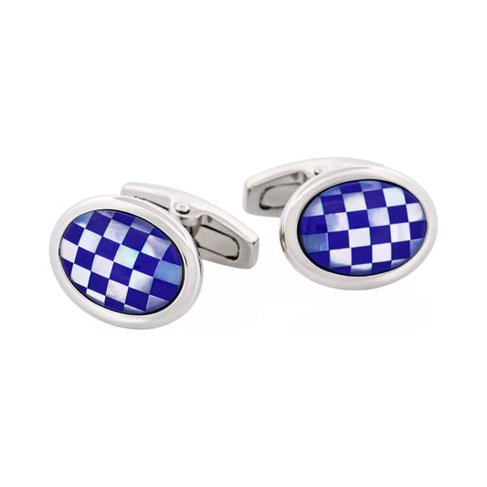 Polished Rhodium Plated Oval Mother Of Pearl & Lapis Lazuli Cufflinks