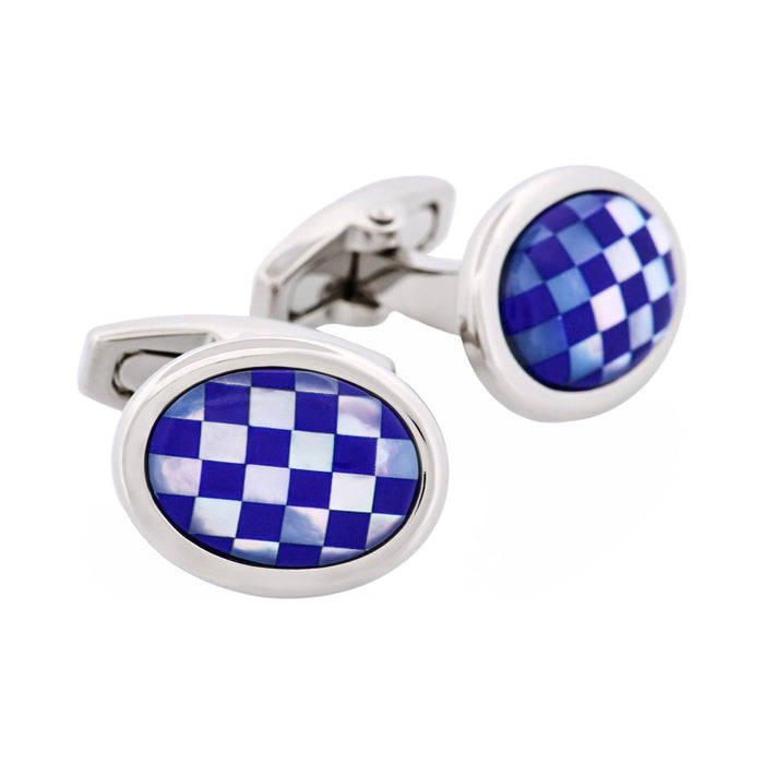 Polished Rhodium Plated Oval Mother Of Pearl & Lapis Lazuli Cufflinks