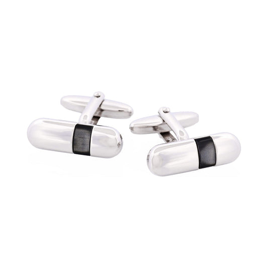 Polished Rhodium Plated Pill Shape with Grey Cat's Eye Cufflinks