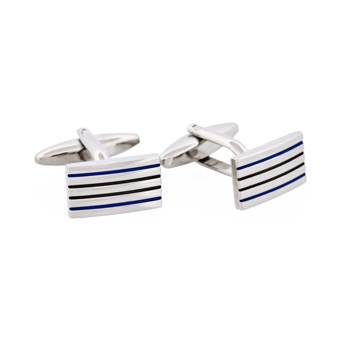 Polished Rhodium Plated Rectangle Cufflinks with Black & Blue Striped Enamel Inlays