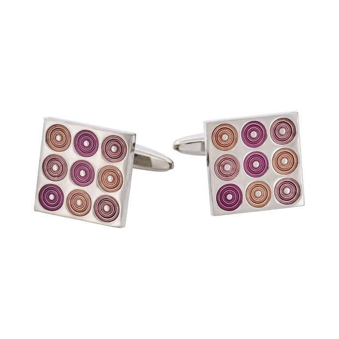 Polished Rhodium Plated Square Cufflinks with 9 Mauve To Purple Inlaid Circles