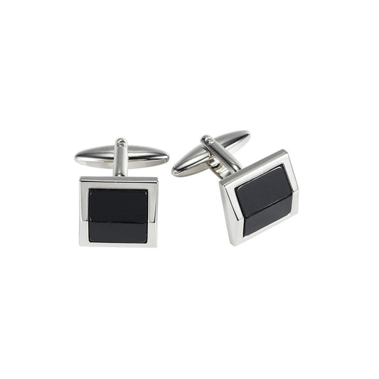 Polished Rhodium Plated Square Cufflinks with Black Cat's Eye Inlay