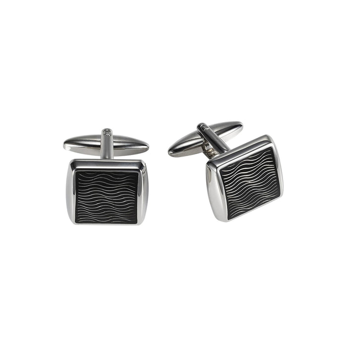 Polished Rhodium Plated Square Cufflinks with Black Enamel Wave Pattern Inlay