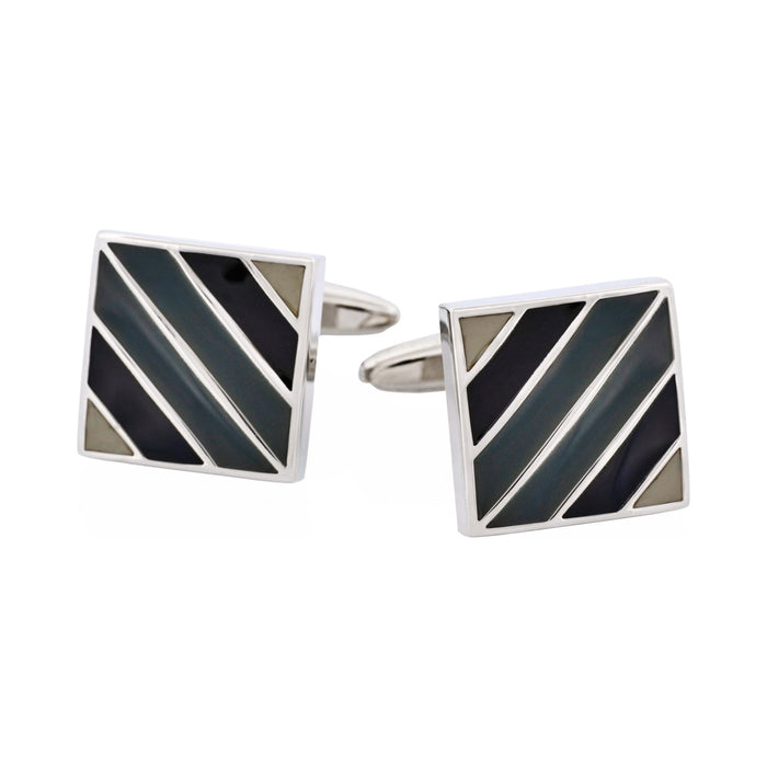 Polished Rhodium Plated Square Cufflinks with Black & Grey Diagonal Enamel Stripes