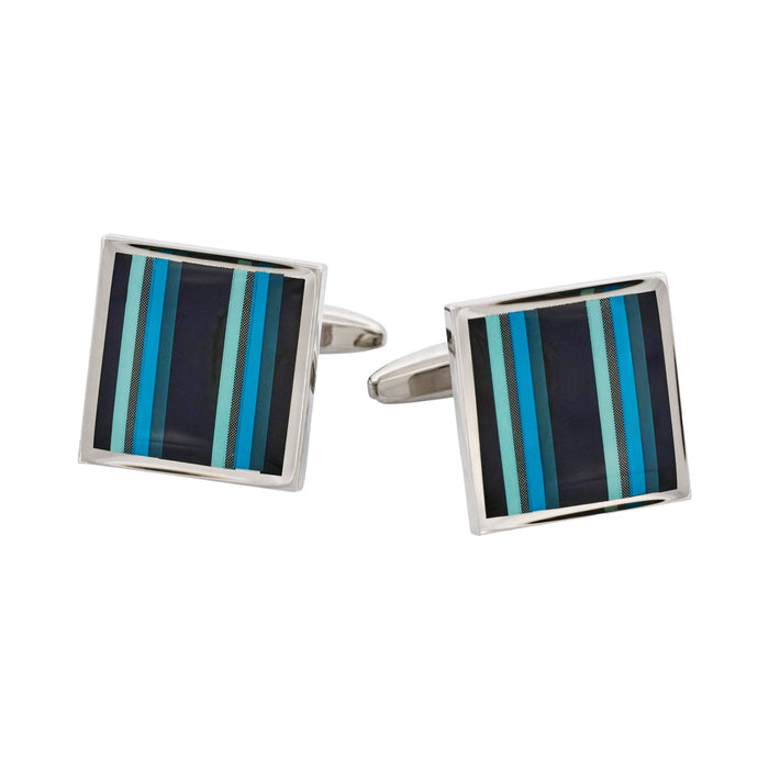 Polished Rhodium Plated Square Cufflinks with Black Grey Mint & Azure Striped Enamel