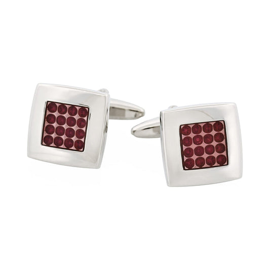 Polished Rhodium Plated Square Cufflinks with Cerise Enamel Centre Inlay