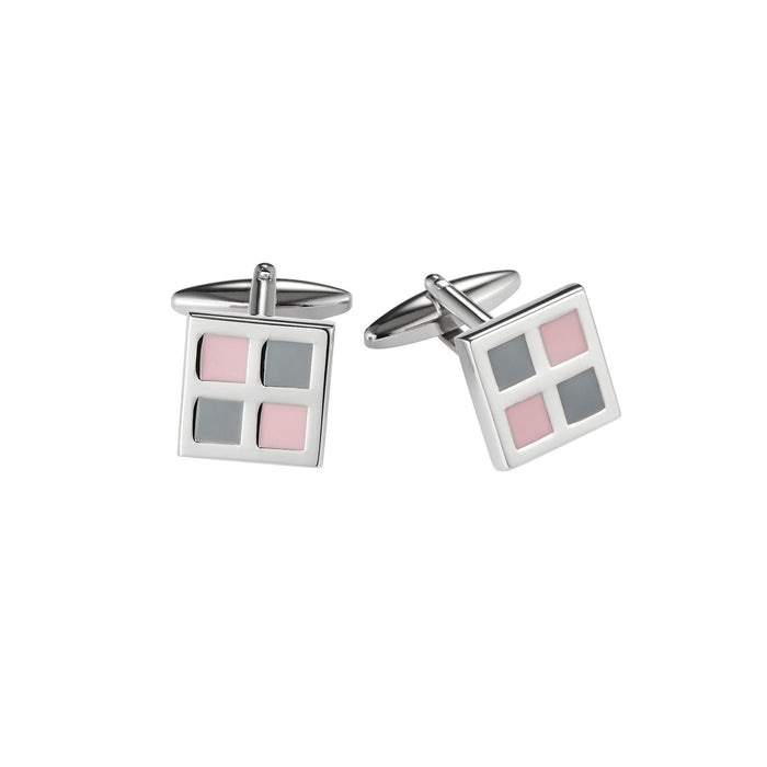 Polished Rhodium Plated Square Cufflinks with Pink & Grey Enamel Inlay