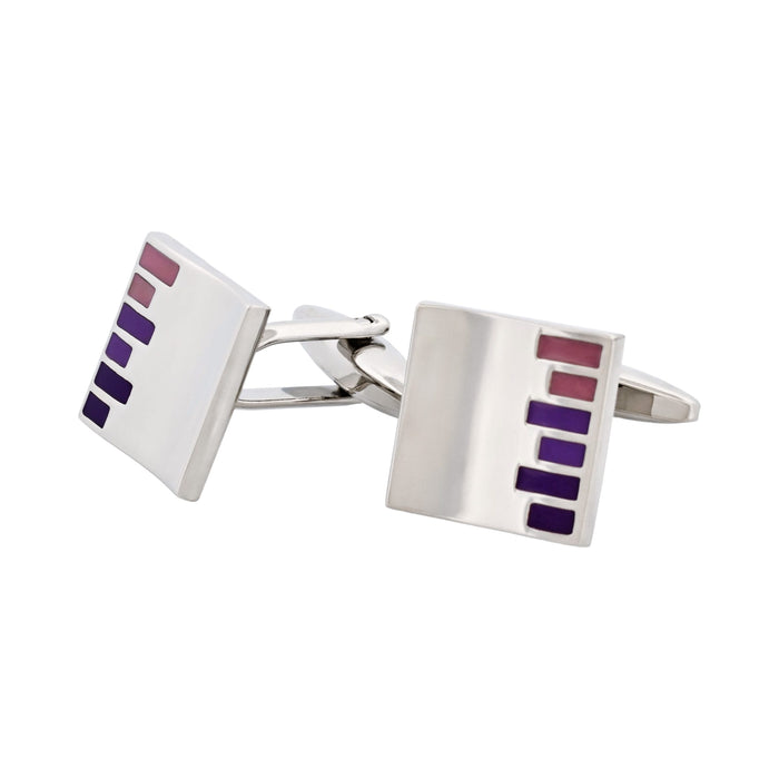 Polished Rhodium Plated Square Cufflinks with Purple & Pink Bars Enamel Inlay