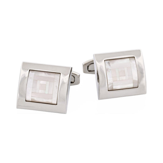 Polished Rhodium Plated Square Curved Mother Of Pearl Cufflinks