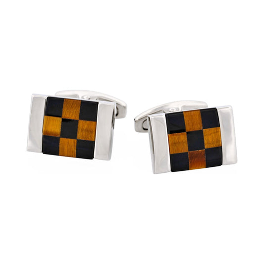 Polished Rhodium Plated Square Tiger Eye & Onyx Check Cufflinks