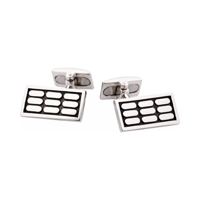 Polished Rhodium Plated Sterling Silver & Black Enamel Rectangle Cufflinks with Vertical Tile Pattern