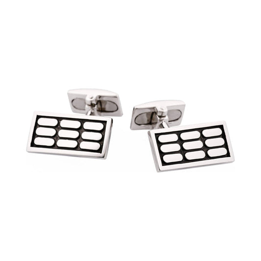 Polished Rhodium Plated Sterling Silver & Black Enamel Rectangle Cufflinks with Vertical Tile Pattern
