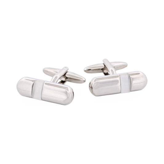 Polished Rhodium Plated & White Cat's Eye Tube Cufflinks
