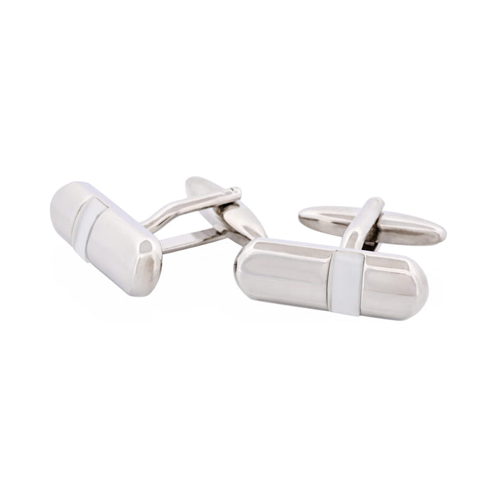 Polished Rhodium Plated & White Cat's Eye Tube Cufflinks