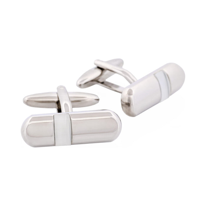 Polished Rhodium Plated & White Cat's Eye Tube Cufflinks