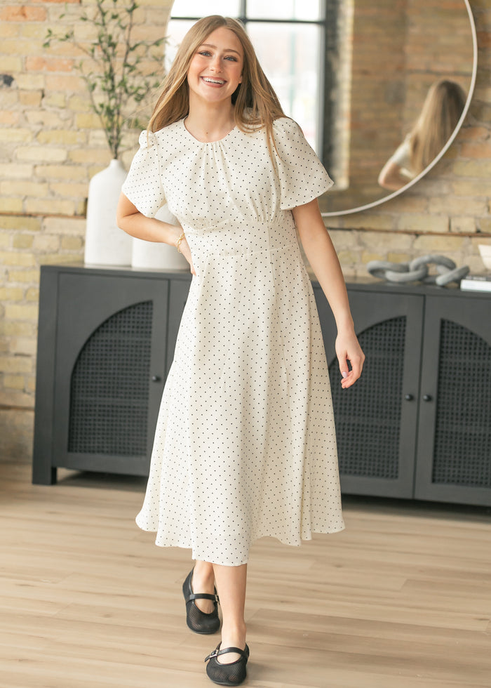 Polka Dot Flutter Sleeve Midi Dress FF Dresses